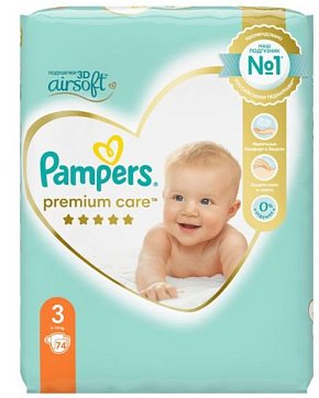 Pampers Premium Care (Памперс) подгузники 3 миди 6-10кг, 74шт