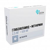 Купить глибенкламид+метформин, таблетки покрытые пленочной оболочкой 2,5мг+500мг, 60 шт  в Арзамасе