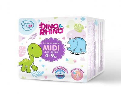 Купить подгузники для детей дино и рино (dino & rhino) размер midi 4-9 кг, 22 шт в Арзамасе