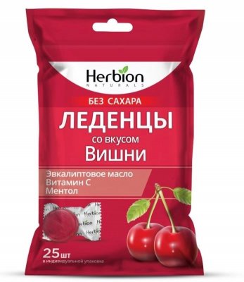 Купить herbion (хербион) с эвкалиптовым маслом, витамином с и ментолом со вкусом вишни без сахара, леденцы массой 2,5г 25 шт бад в Арзамасе