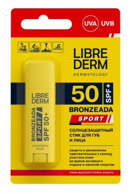 Купить librederm bronzeada sport (либридерм) стик солнцезащитный для губ и лица spf 50+, 4,8г в Арзамасе