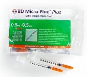 Купить шприц bd микро-файн плюс инсулиновый 100 ме/0,5 мл с интегрированной иглой 29g 0,33х12,7мм 10шт в Арзамасе