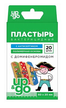 Пластырь UP&GO бактерицидный с антисептиком на полимерной основе для детей Пираты, 20 шт