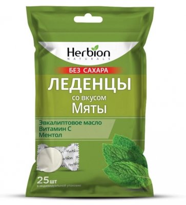 Купить herbion (хербион) с эвкалиптовым маслом, витамином с и ментолом со вкусом мяты без сахара, леденцы массой 2,5г 25 шт бад в Арзамасе