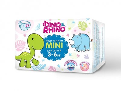 Купить подгузники для детей 3-6 кг дино и рино (dino & rhino) размер мини, 27 шт в Арзамасе