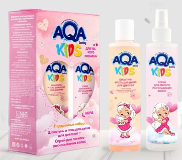 AQA baby (Аква беби) Kids набор: шампунь и гель для душа для девочек с протеинами пшеницы 200 мл+спрей для легкого расчесывания 200 мл