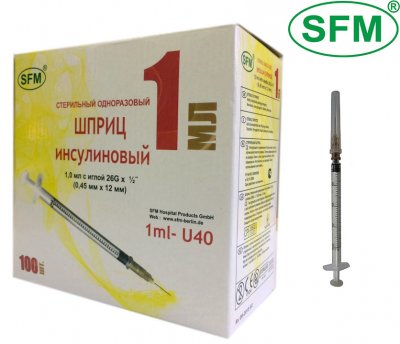 Купить шприц 1мл sfm инсулиновый u-40 с иглой 0.45х12. 26g 1 шт в Арзамасе