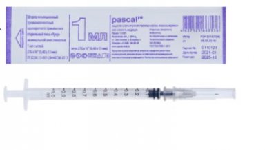 Купить шприц 1мл инсулиновый pascal 3-компонентный одноразовый, игла 27g 1шт в Арзамасе